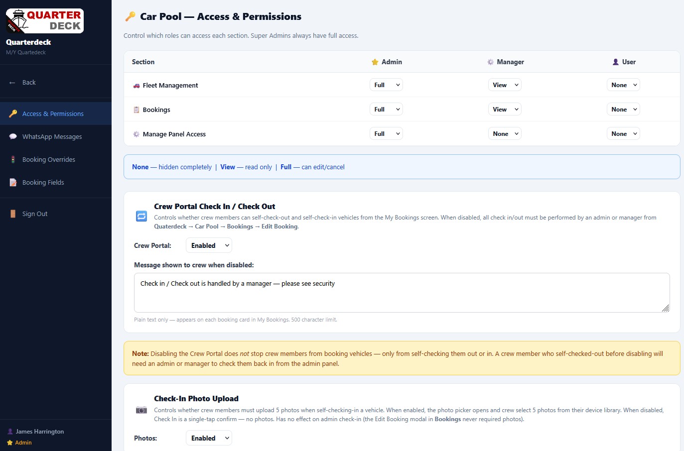 Car Pool Access and Permissions screen with role grid and crew portal toggles