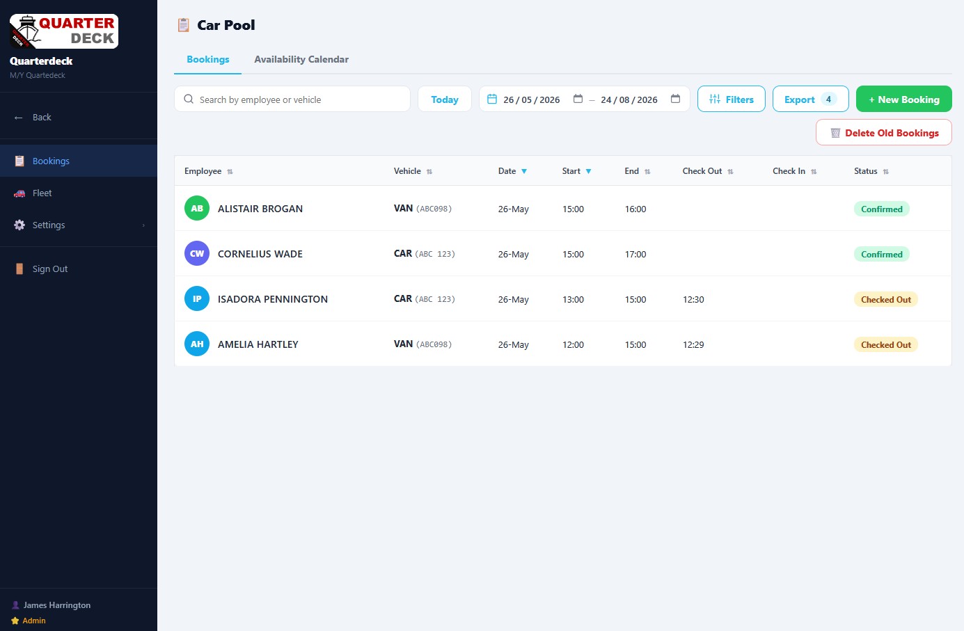 Car Pool Bookings list with search, date range, and status columns