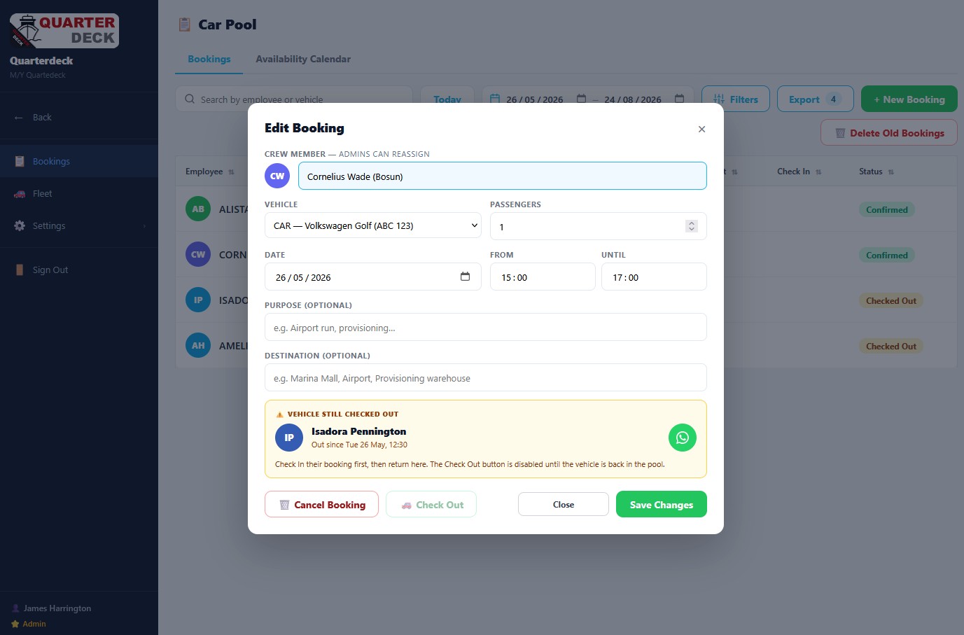 Edit Booking modal with crew member, vehicle, date, time, purpose, and destination fields