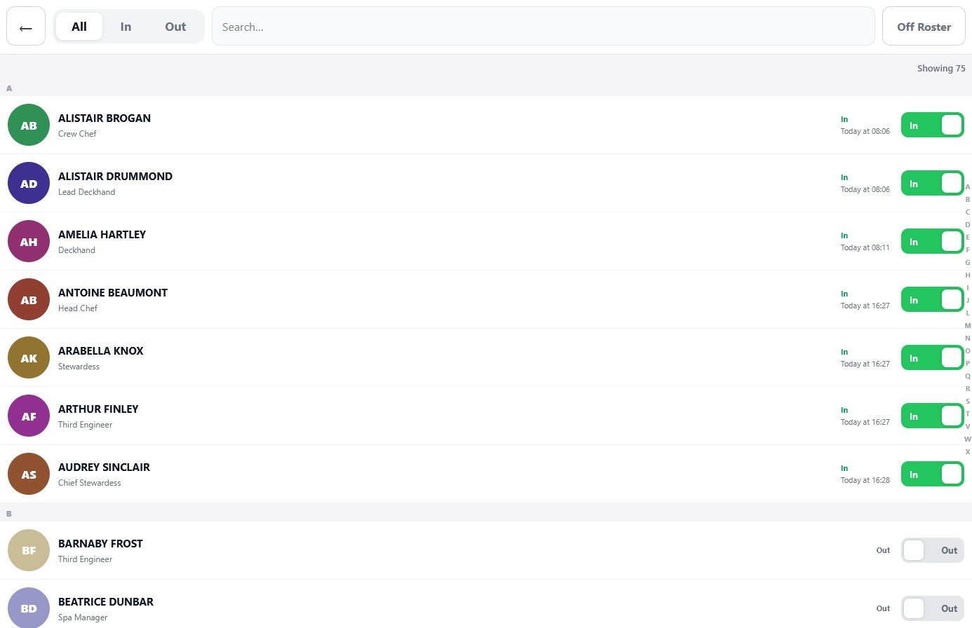 Kiosk crew list with sign-in toggles