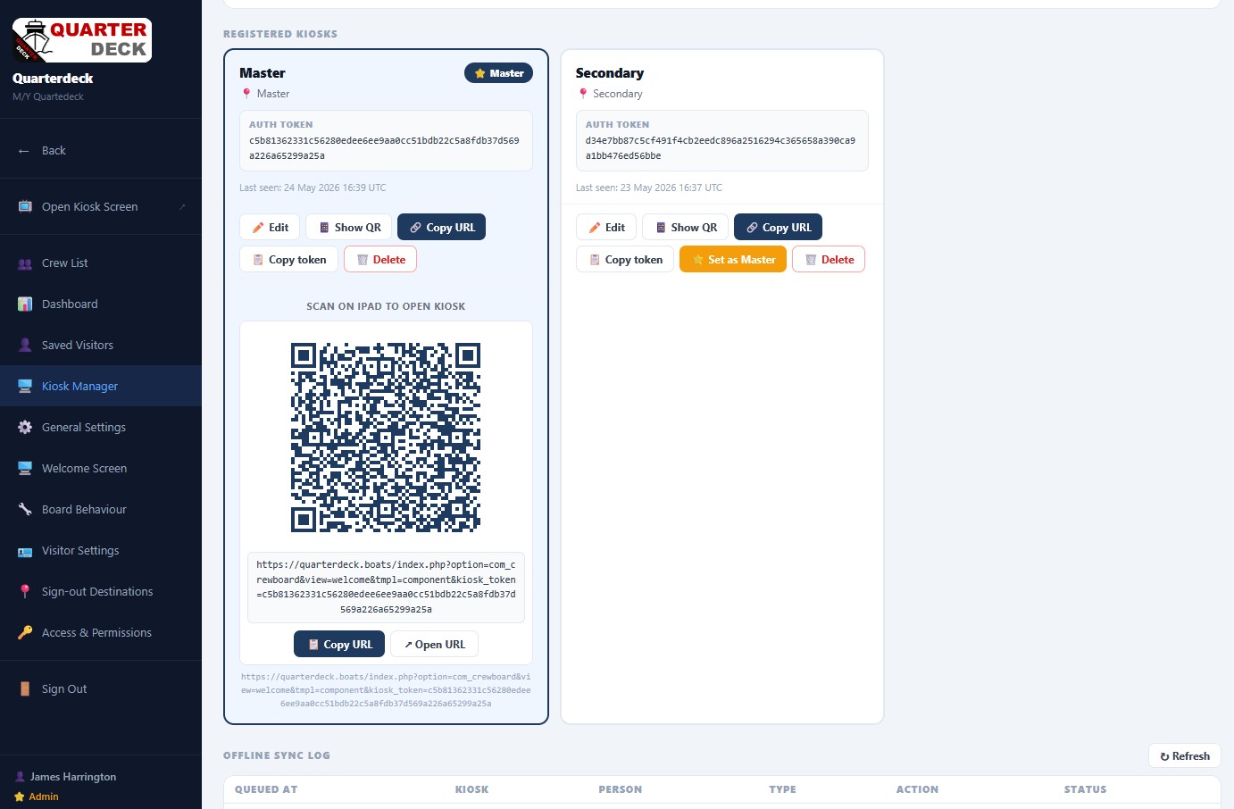 Kiosk Manager screen showing registered Master and Secondary kiosks with auth tokens and QR code