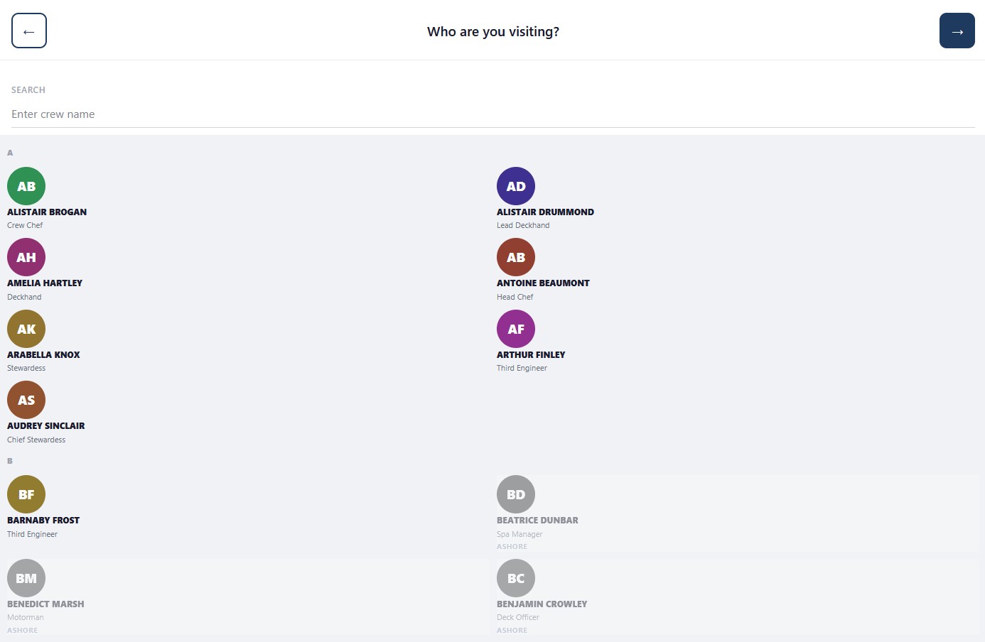 Select host crew member screen with alphabetical list