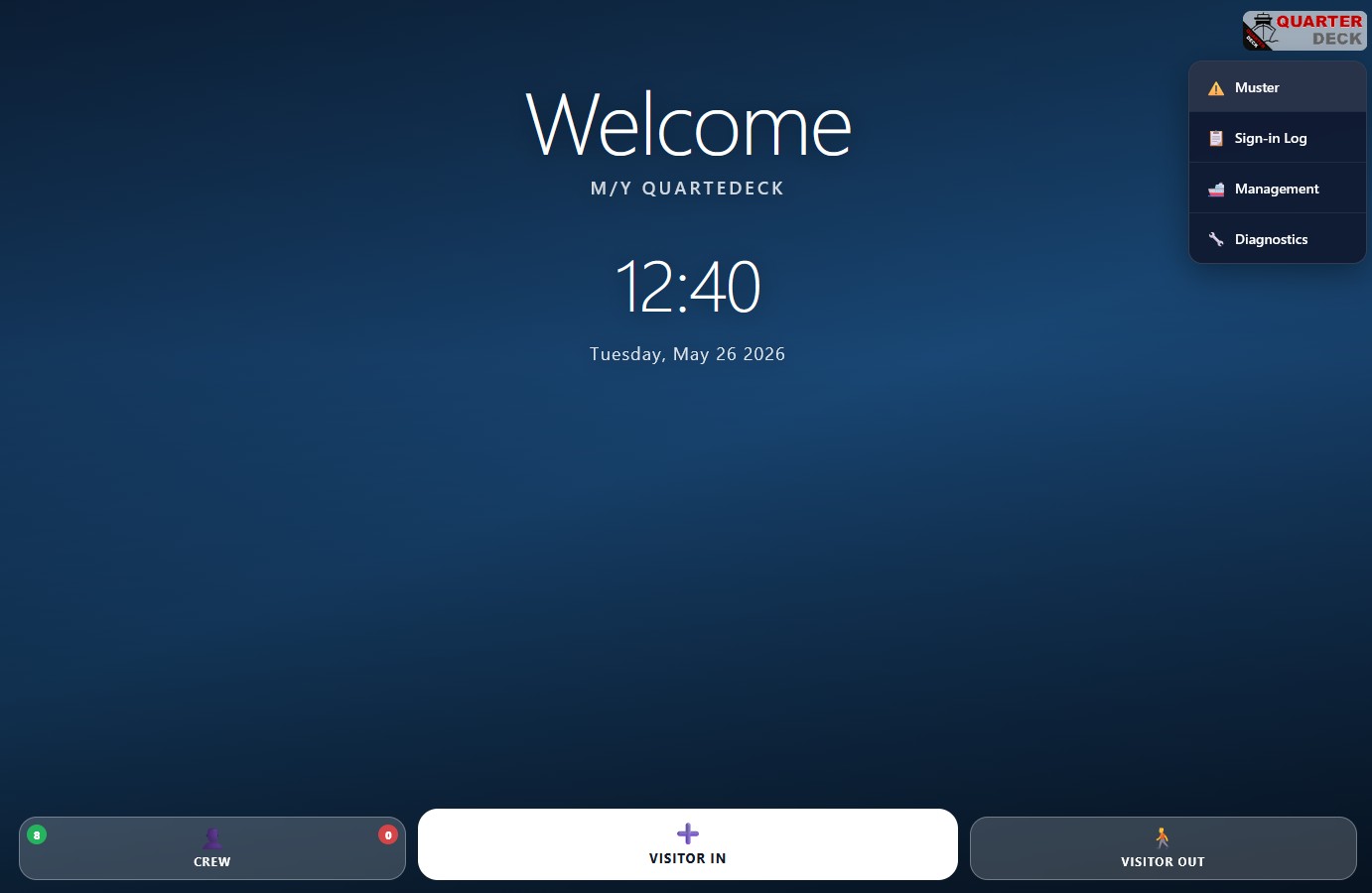 Kiosk Welcome screen showing the vessel name, time, and three big buttons