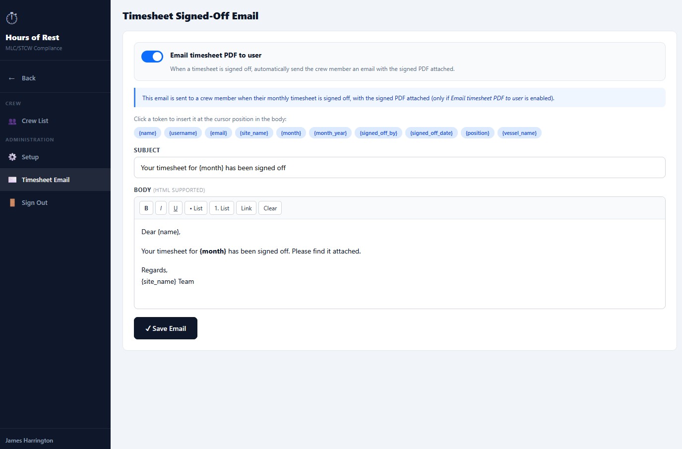 Timesheet Signed-Off Email configuration screen