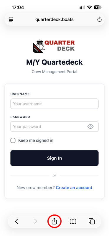 Quarterdeck sign-in screen with the Safari Share button circled at the bottom