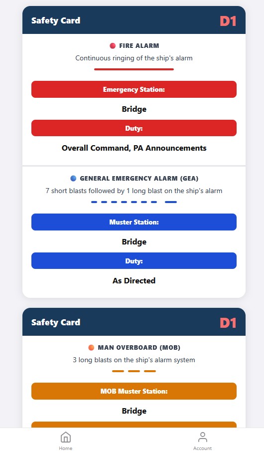 Safety Card showing Fire Alarm, General Emergency Alarm, and MOB duties