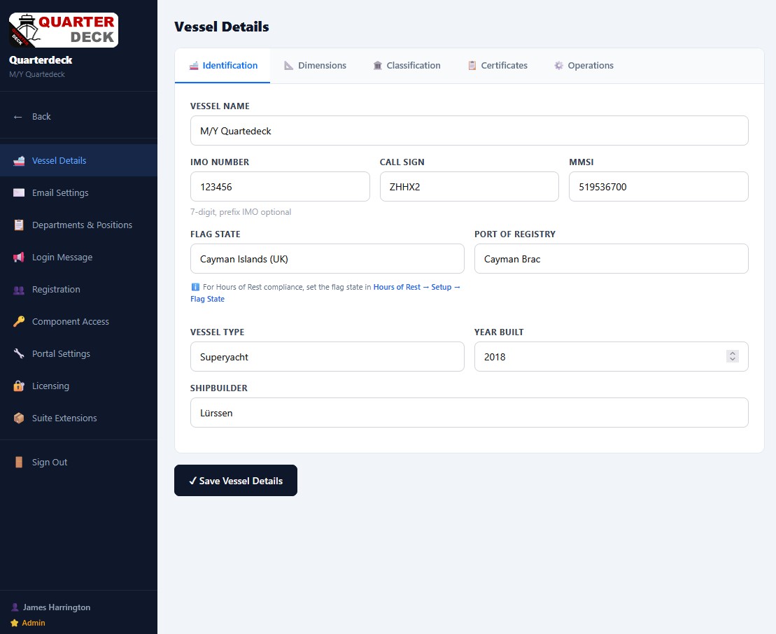 Vessel Details screen with Identification tab open